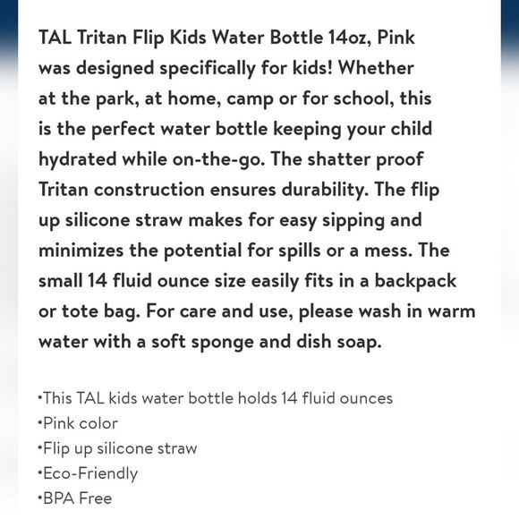 TAL tritan Flip kids water bottle 14 oz  Pink - Picture 8 of 8